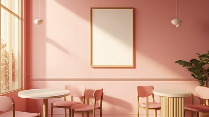 Empty Pink Cafe Interior with a Large Blank Frame