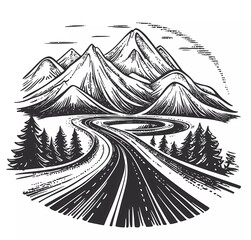 Hand-drawn vector illustration of a curved highway road with mountains in the background