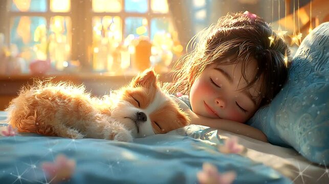 Sleeping Girl and Dog in a Cozy, Sunlit Room. Seamless looping time-lapse 4k video animation background