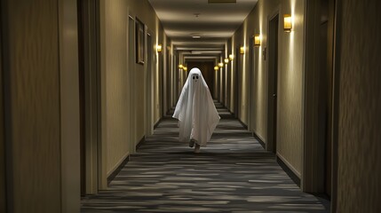 A child dressed as a ghost walking down a dimly lit hotel hallway, creating a spooky and eerie atmosphere. This image captures the essence of Halloween or a haunted scene