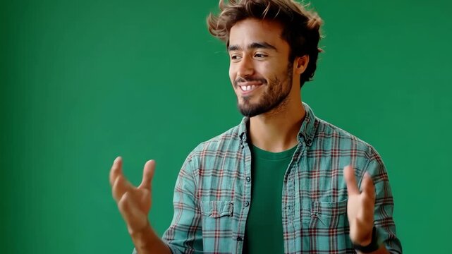 Engaging video portrait of a charismatic young man with curly hair, wearing a plaid shirt, smiling confidently at the camera. Green screen background for versatile content creation