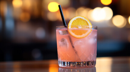 Refreshing pink cocktail served in a crystal glass with an orange slice during a vibrant evening setting