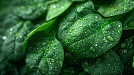 Close-up of fresh spinach leaves with water droplets. Green, healthy, and vibrant.