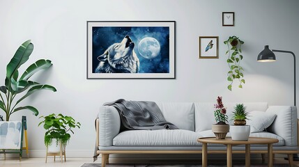 Create a hand-made painting of a majestic wolf howling at the moon, displayed on a cozy living room wall with a minimalist frame mockup. generative ai