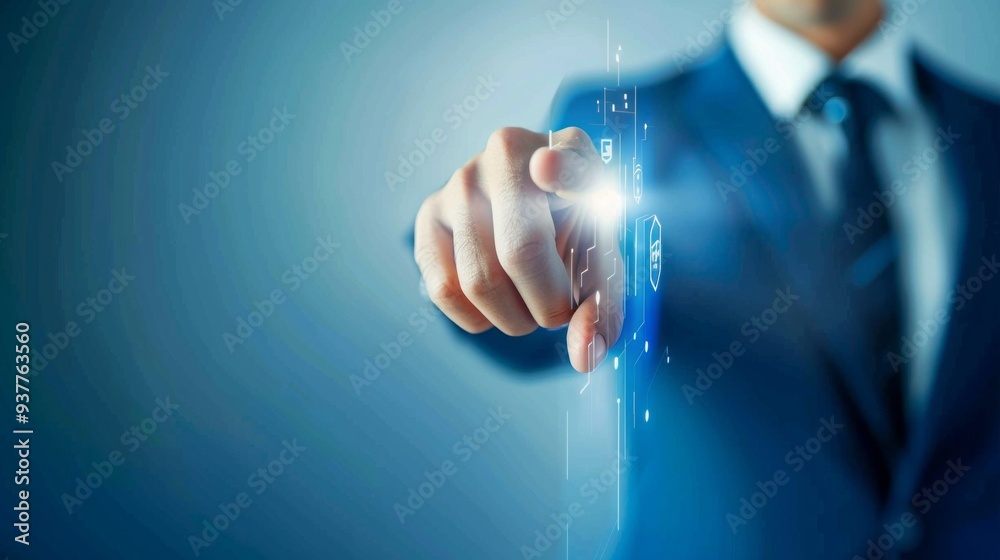 Poster a man in a suit is pointing at a blue screen with a light on it