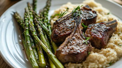 Juicy grilled lamb chops served with creamy risotto and fresh asparagus on a white plate during a cozy dinner setting