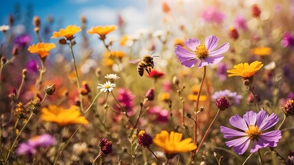 A vibrant and colorful field of wildflowers, with a busy bee buzzing from one flower to the next, capturing the essence of nature's beauty.