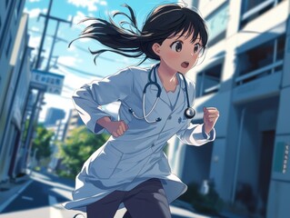 Anime Character Running with a Stethoscope in Hand