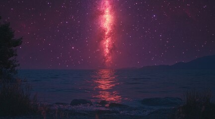 Fototapeta premium Vertical Cosmic Light Reflecting on Ocean Under Starry Sky