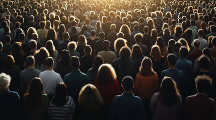 A large crowd stands in an outdoor area, bathed in warm sunlight as they engage with the event, showcasing a sense of community and connection among diverse individuals