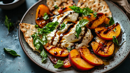 Fresh burrata cheese served with grilled peaches, fresh basil, and balsamic glaze on a rustic plate