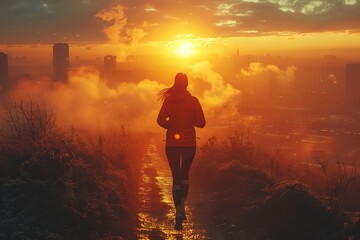Obraz premium A sporty runner embracing the morning sun, igniting the power of fitness and health on the road to success Urban energizer Ai generative