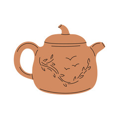 Traditional Asian ceramic teapot in simple flat style. Japanese and chinese tea ceremony, vector doodle illustration isolated on white background, hand drawn art. Retro teapot, design, sticker, icon