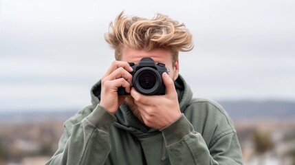Fototapeta premium A young man stands outside, holding a camera and focusing intently while preparing to capture a moment amid a picturesque backdrop