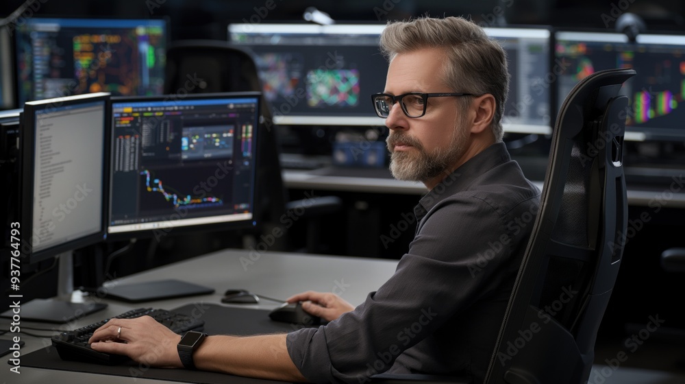 Poster an analyst sits at a desk, intently examining multiple computer screens displaying stock charts and 