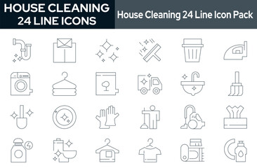 Web Collection of 24 house cleaning line icons. These design elements are suitable for your projects and are provided as vector illustrations."