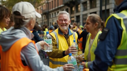 Volunteers handing out water bottles at a marathon, expressions of support and encouragement, promoting community involvement and volunteerism, sunny day, diverse participants