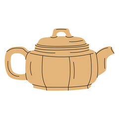 Traditional Asian ceramic teapot in simple flat style. Japanese and chinese tea ceremony, vector doodle illustration isolated on white background, hand drawn art. Retro teapot, design, sticker, icon