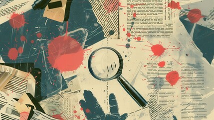 Vintage crime scene detective elements with a retro style. Fingerprints, a magnifying glass. Ai generative