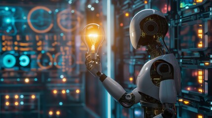 A robotic hand holding a lit lightbulb against a backdrop of a futuristic server room.