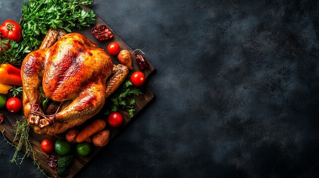 A fresh juicy turkey on the table, surrounded by vegetables and cooking utensils on a wooden background. used for a restaurant menu or a Christmas or Thanksgiving festive dish