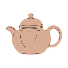 Traditional Asian ceramic teapot in simple flat style. Japanese and chinese tea ceremony, vector doodle illustration isolated on white background, hand drawn art. Retro teapot, design, sticker, icon