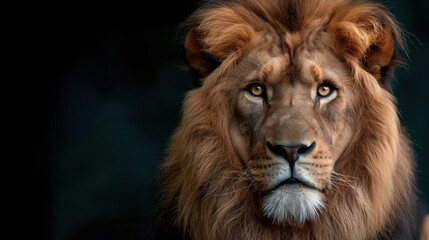 Fototapeta premium A lion with a magnificent mane looks directly at the camera, showcasing its powerful presence in a dimly lit environment, emphasizing its striking features and fierce expression
