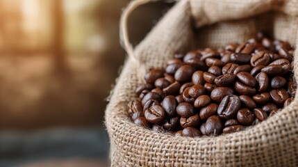 A burlap sack overflows with freshly roasted coffee beans, highlighting their deep brown hue and glossy surface. The soft natural light adds warmth to the setting