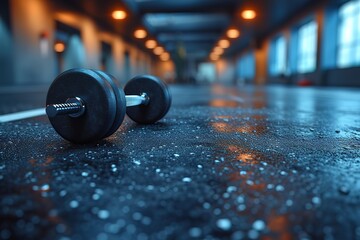 Black desk of free space for your decoration and blurred gym interior Metal dumbbells and fit life