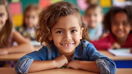 Migrant children attending school for the first time, expressions of curiosity and excitement, sense of educational opportunity and inclusion, classroom setting with diverse students