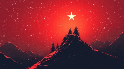 Fototapeta premium Glowing Christmas Star Atop Snowy Mountain with Vivid Red Sky - Festive Holiday Background