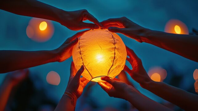 A close-up of diverse hands holding a lantern together during the Mid-Autumn Festival symbolizing unity and the strength of human connection as the lantern casts a warm glow over the faces of those