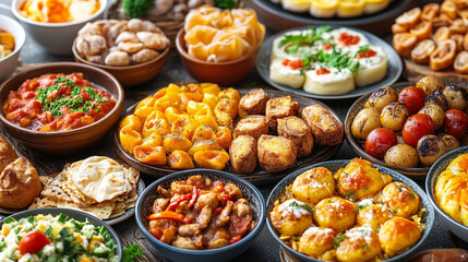 A vibrant spread of assorted dishes including dumplings, roasted vegetables, and salads served at a festive gathering in a cozy dining setting