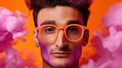 This striking portrait showcases a man wearing bright orange glasses with colorful smoke swirling around him, creating a bold and artistic atmosphere in a studio setting