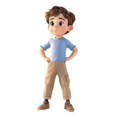 A cheerful cartoon boy stands confidently with his hands on his hips, wearing a blue shirt and beige pants.