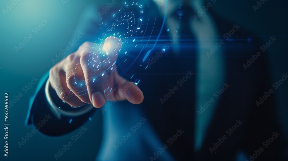 Poster A man in a suit is pointing at a computer screen with a blue background