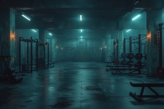 Dark background gym with barbells and machines - Powered by Adobe