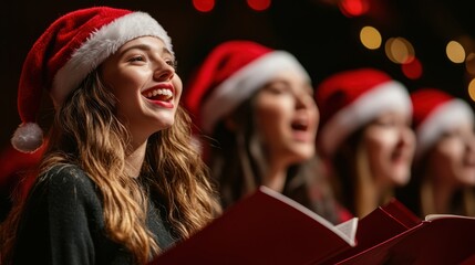 Festive Christmas Choir Singing Traditional Hymns against Vibrant Red Background