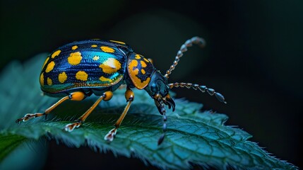 Fototapeta premium Luminescent Beetle Glowing Softly in the Dark Vibrant Insect Close Up with Captivating Colors and Patterns