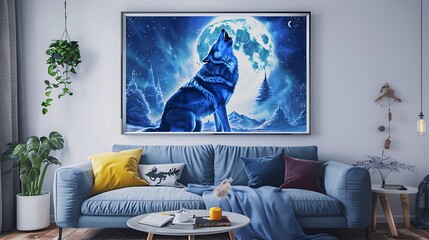 Create a hand-made painting of a majestic wolf howling at the moon, displayed on a cozy living room wall with a minimalist frame mockup. generative ai