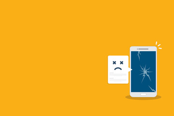 Broken smartphone with sad smile. Broken phone service, recovery and repair concept.	