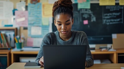 A serene image of a young teacher sitting at a desk in a well-organized classroom, working on a laptop with a look of concentration, surrounded by educational materials, posters, and a chalkboard,