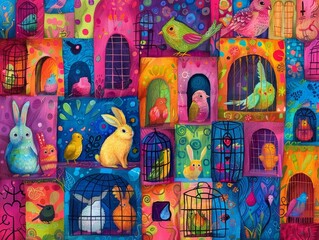 Fototapeta premium Colorful illustration of birds and rabbits in cages and open doorways, vibrant colors, whimsical style.