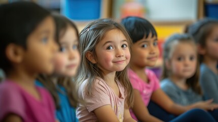Elementary school students participating in a storytelling session in a cozy classroom, their faces filled with wonder and imagination, as they listen to a teacher narrate an engaging story,