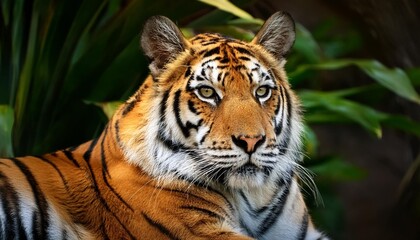 Fototapeta premium Close-up of a majestic tiger resting in a natural habitat.