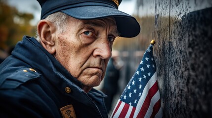 Obraz premium A touching photograph of a veteran in uniform, holding a folded American flag and looking down with a solemn expression, with a memorial wall in the background, honoring the fallen heroes and the