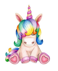 Fototapeta premium Cute sitting unicorn cartoon, isolated on white.