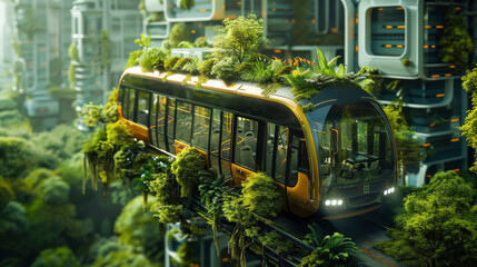 Obraz premium Futuristic pods covered in greenery glide through a lush urban landscape, blending nature with modern architecture in a vibrant, eco-friendly city.