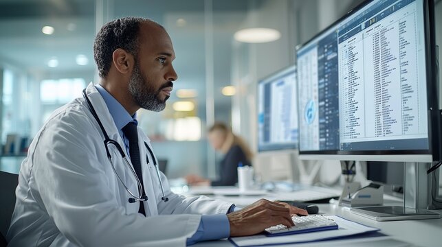A focused male doctor analyzing patient data on dual monitors in a modern medical office, showcasing digital healthcare technology.