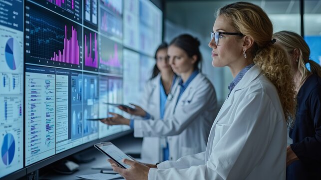 A focused professional analyzes data on large screens in a modern laboratory, showcasing teamwork and advanced technology.